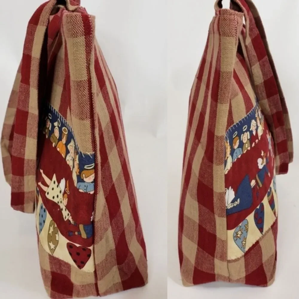 Vintage Handmade Gingham Patchwork Christmas Holiday Shoulder Tote Bag - Picture 8 of 8